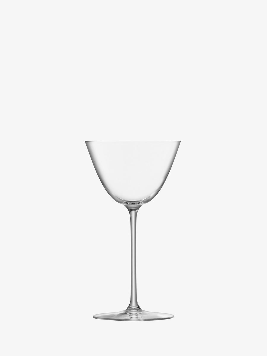 A clear, empty Martini Glass by lsa-international—with a wide bowl, slender stem, and flat base—crafted from lead-free crystalline glass, is centered against a plain white background.