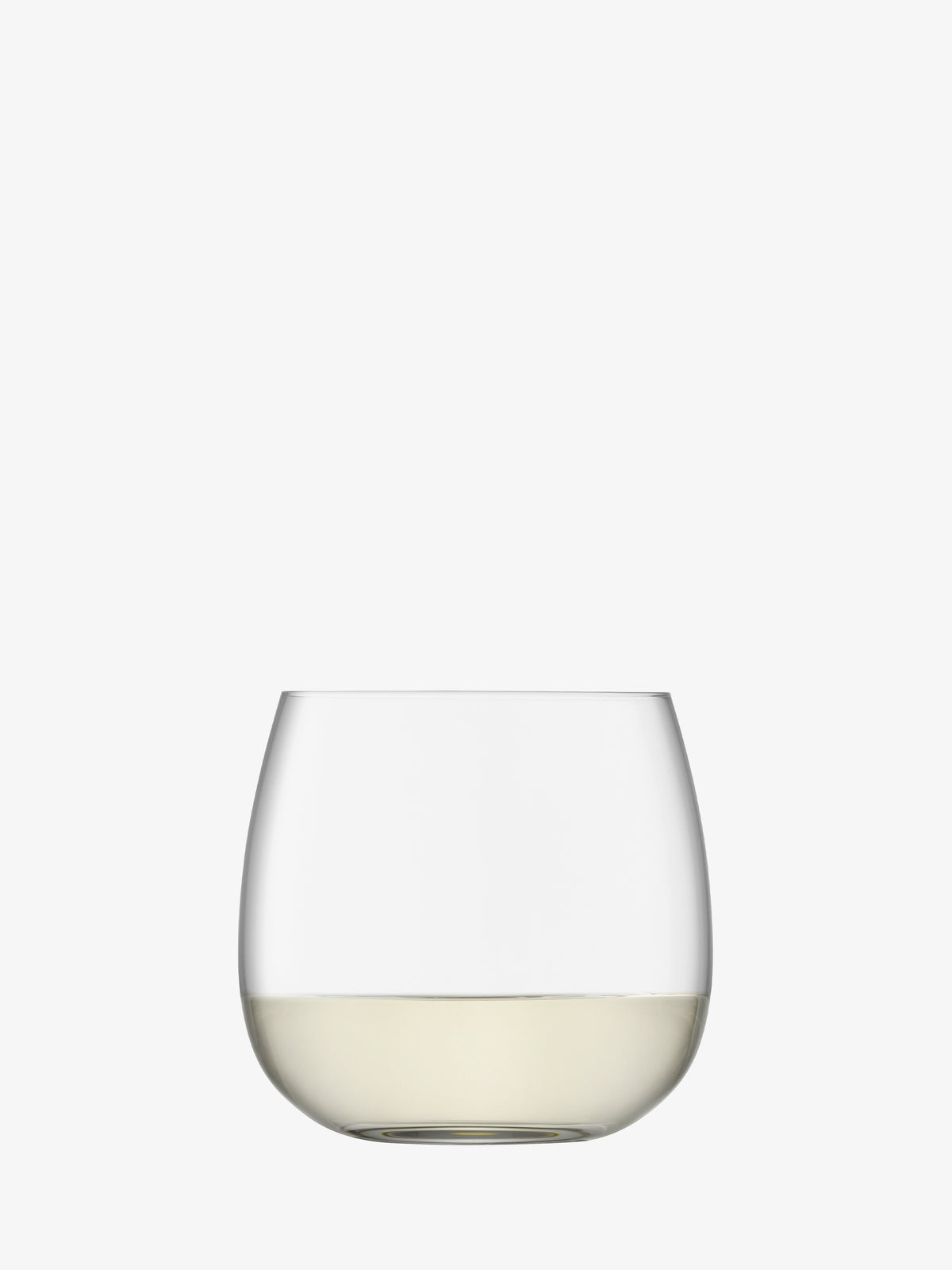 A Stemless Glass by lsa-international, expertly crafted from crystalline glass and partially filled with white wine, displayed against a plain white background.