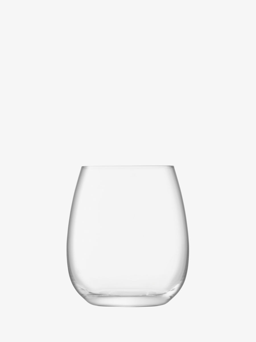 A single, empty Stemless Glass by lsa-international, featuring a clear crystalline design, is centered against a plain white background.