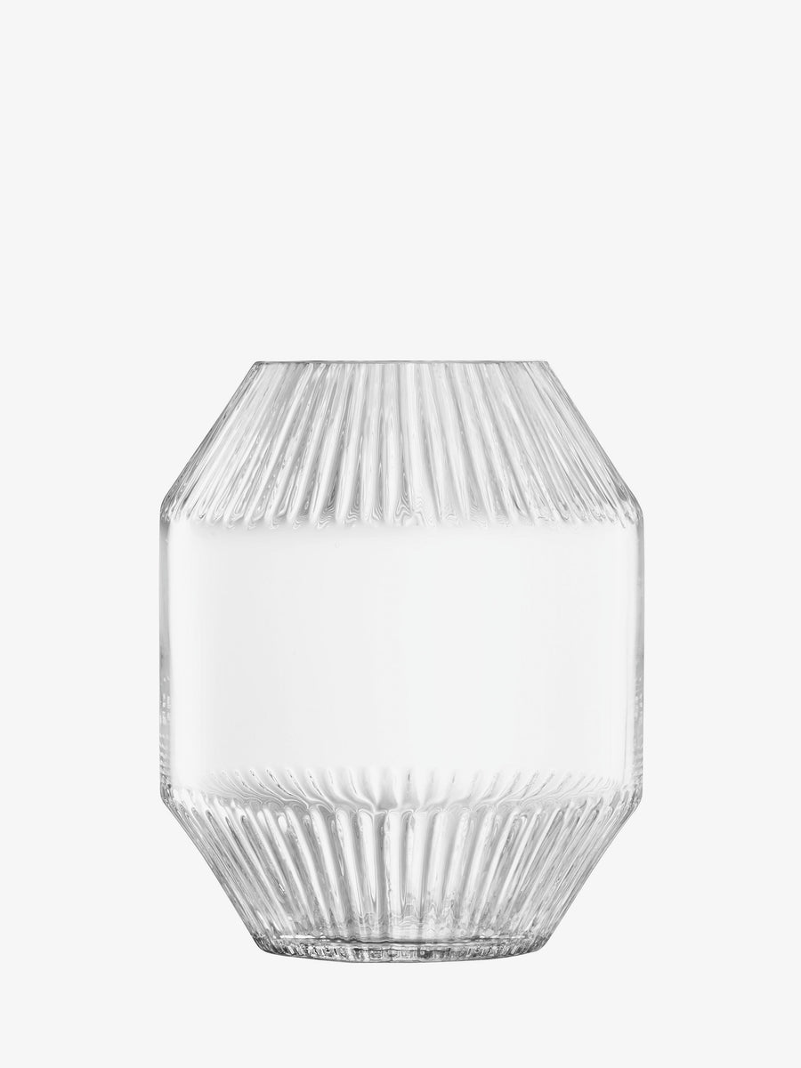 The lsa-international Vase features mouth-blown clear glass with a vertical ribbed, corrugated texture, a wide middle section, and an angular tapered top and bottom, displayed against a plain white background.