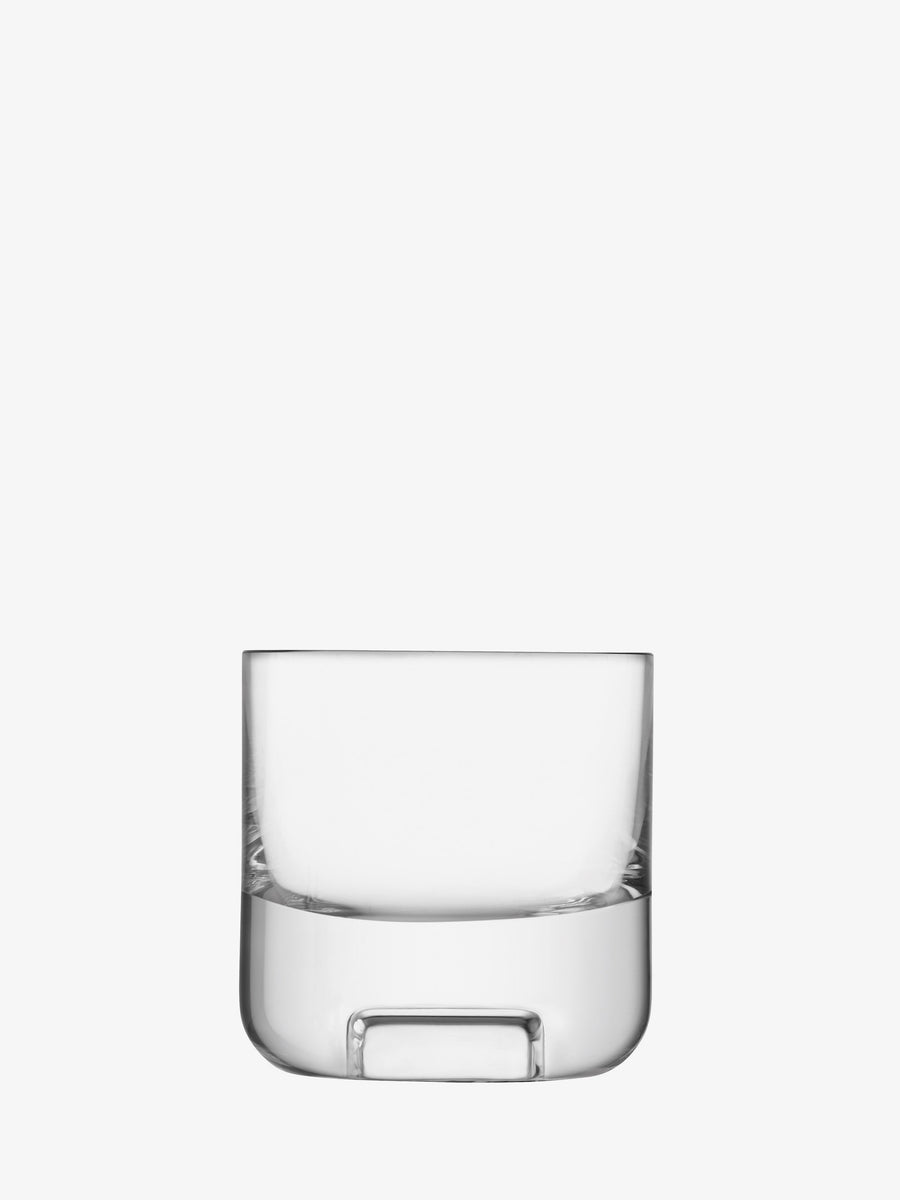 A clear, empty Whisky Tumbler by lsa-international, featuring a thick base and echoing the refined elegance of the Cask Collection, is centered on a plain white background.