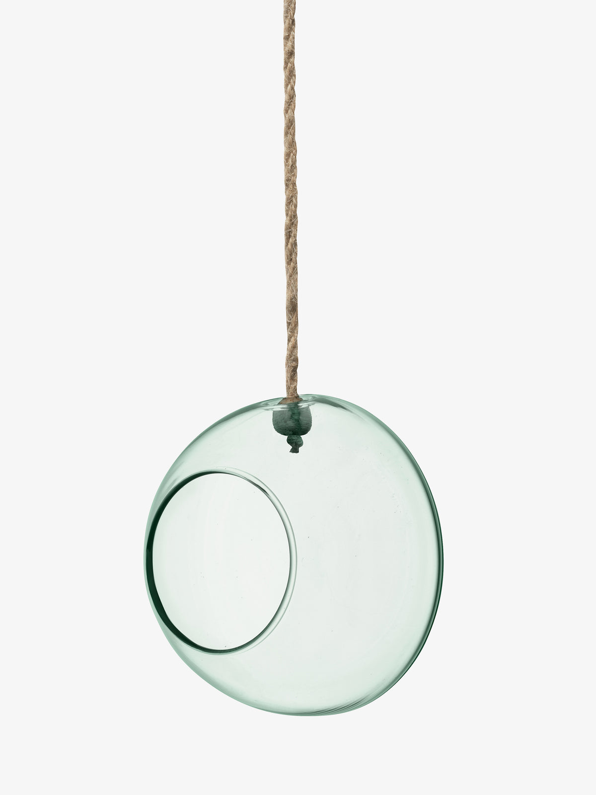 A round, transparent hanging planter made from recycled glass by lsa-international, featuring a circular opening and suspended from natural rope against a plain white background.
