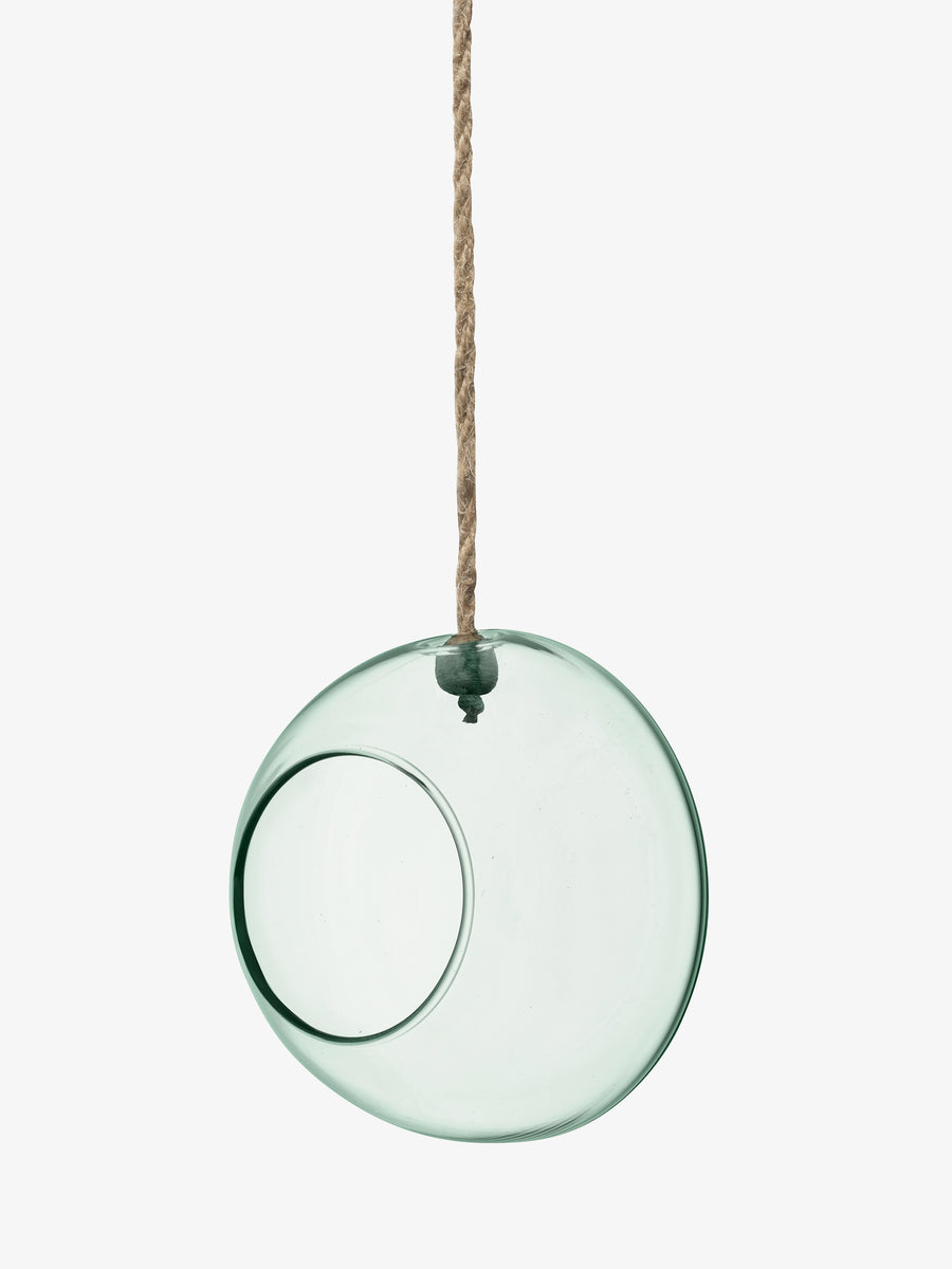 A round, transparent hanging planter made from recycled glass by lsa-international, featuring a circular opening and suspended from natural rope against a plain white background.