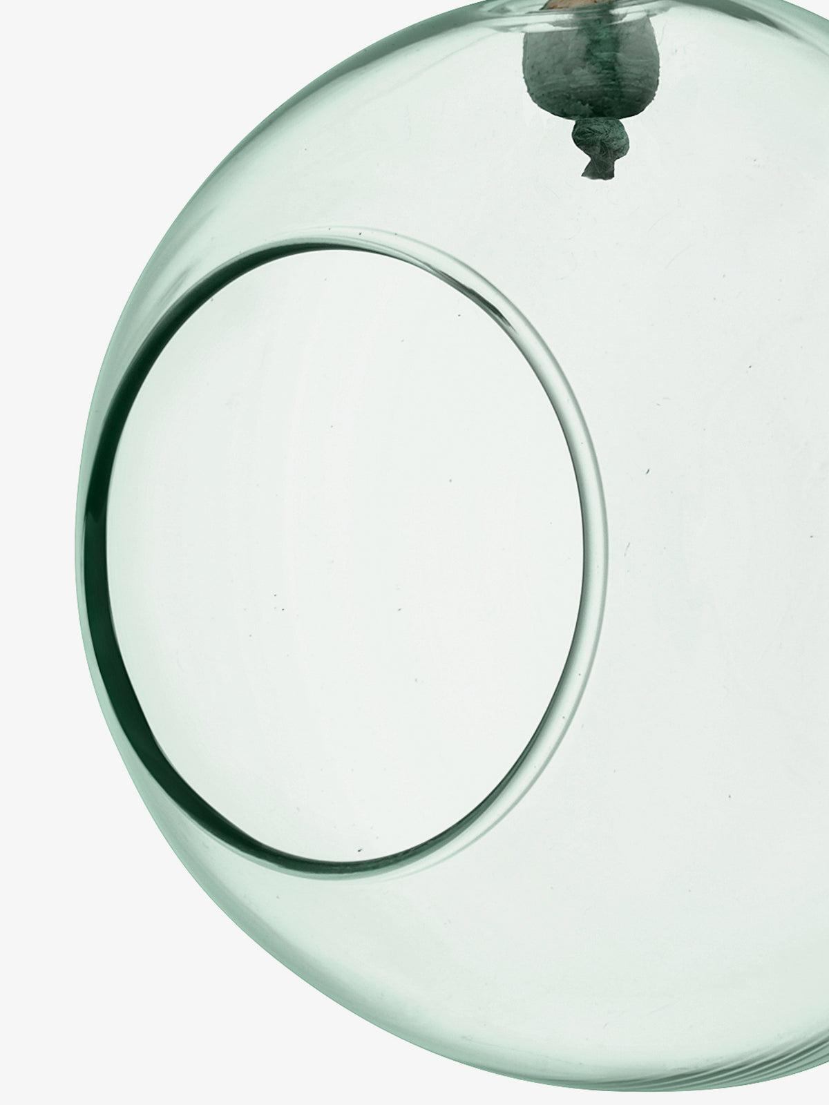 A close-up of the lsa-international Hanging Planter, crafted from clear recycled glass with a round shape, circular opening, and small top attachment for hanging air plants, set against a white background.