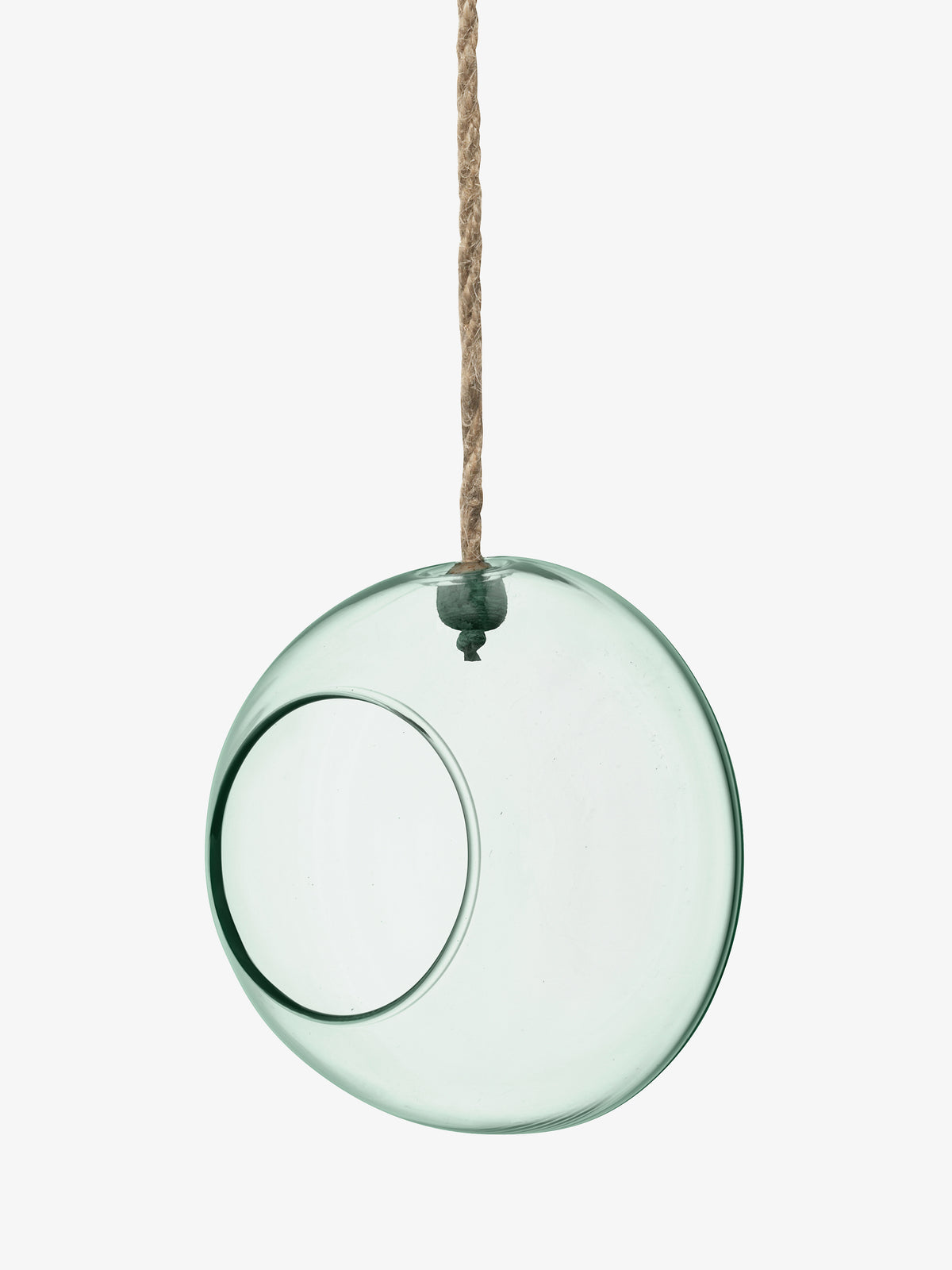 A round, transparent recycled glass Hanging Planter by lsa-international, featuring a large circular opening, hangs by a thick brown rope against a plain white background.