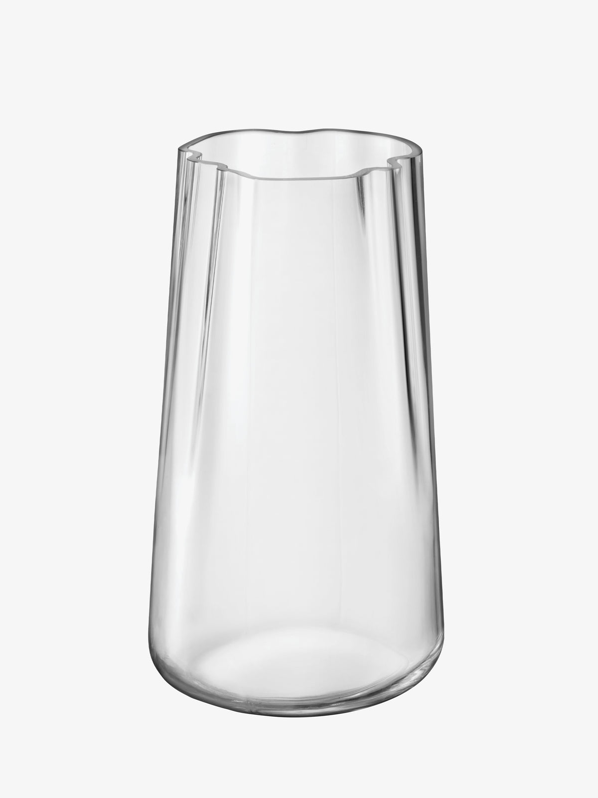 Clear, mouth-blown LSA International Vase/Lantern with an organic form, a flared, wavy-edged rim, and vertical indented panels.