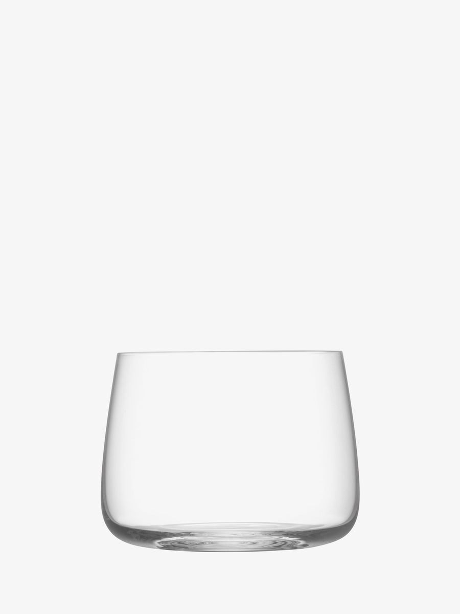 A clear, short Stemless Glass by lsa-international, featuring a gently curved silhouette and crafted from lead-free crystalline glass, displayed against a plain white background.