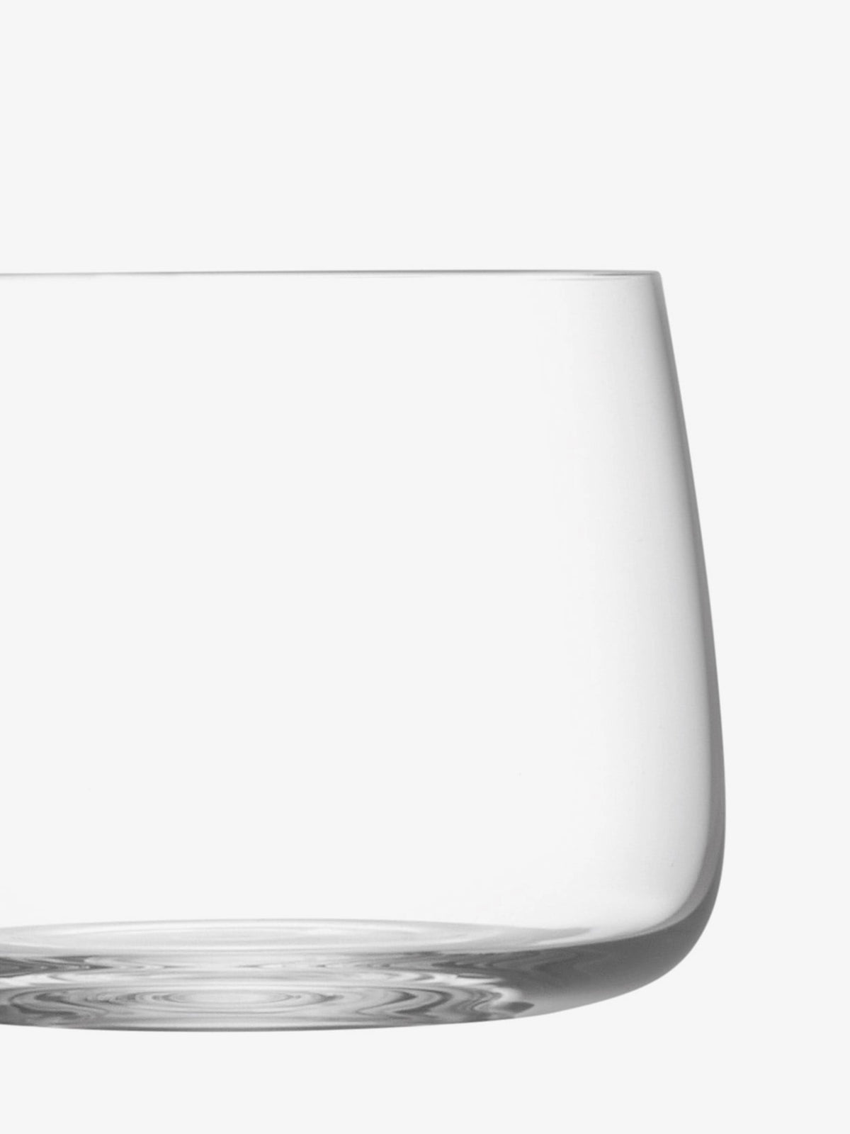 A clear, empty glass cup with a wide base and gently curved sides, displayed against a plain white background.