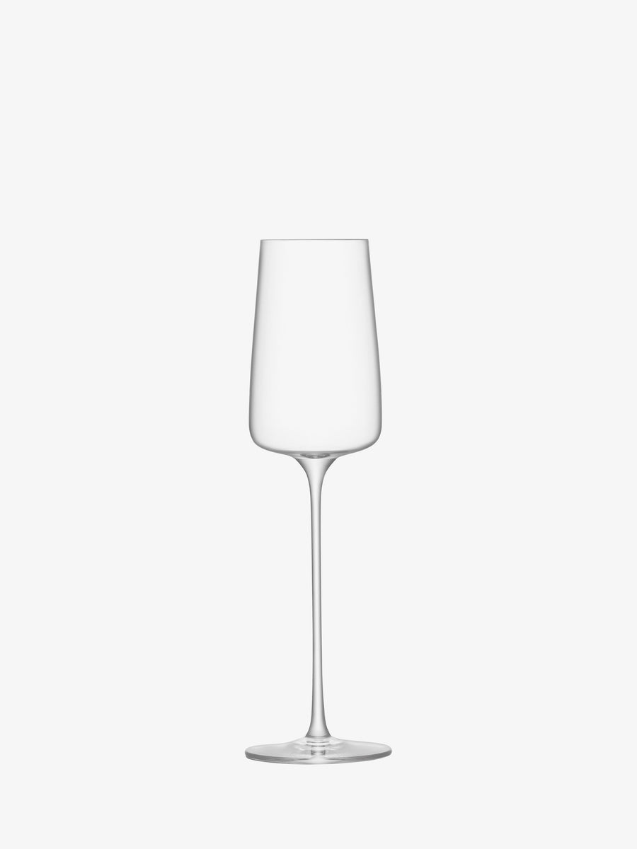 A clear, empty lsa-international Champagne Flute with an elegant stem and a slightly tapered bowl, crafted from crystalline glass, set against a plain white background.