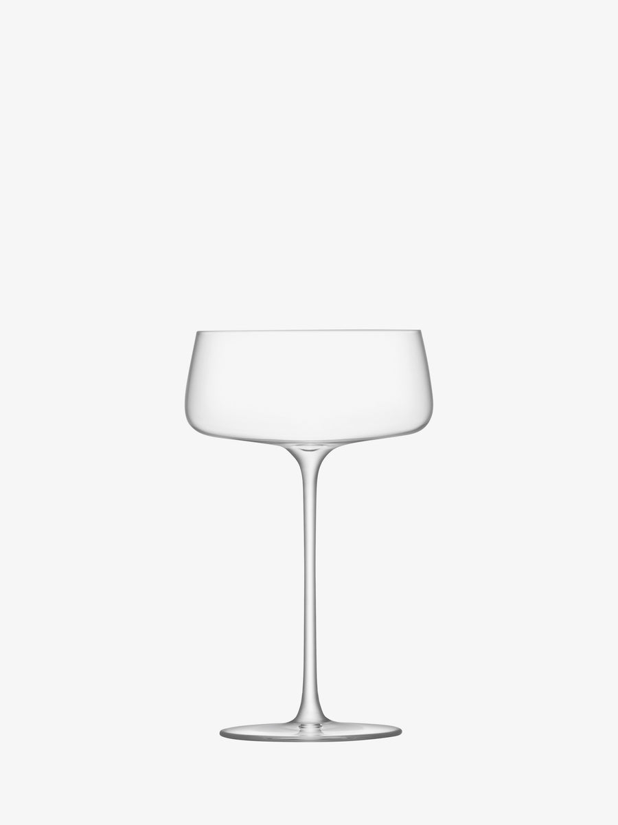 A clear, empty Champagne Saucer by lsa-international featuring a wide, shallow bowl and elegant stem, crafted from lead-free crystalline glass and set against a plain white background.
