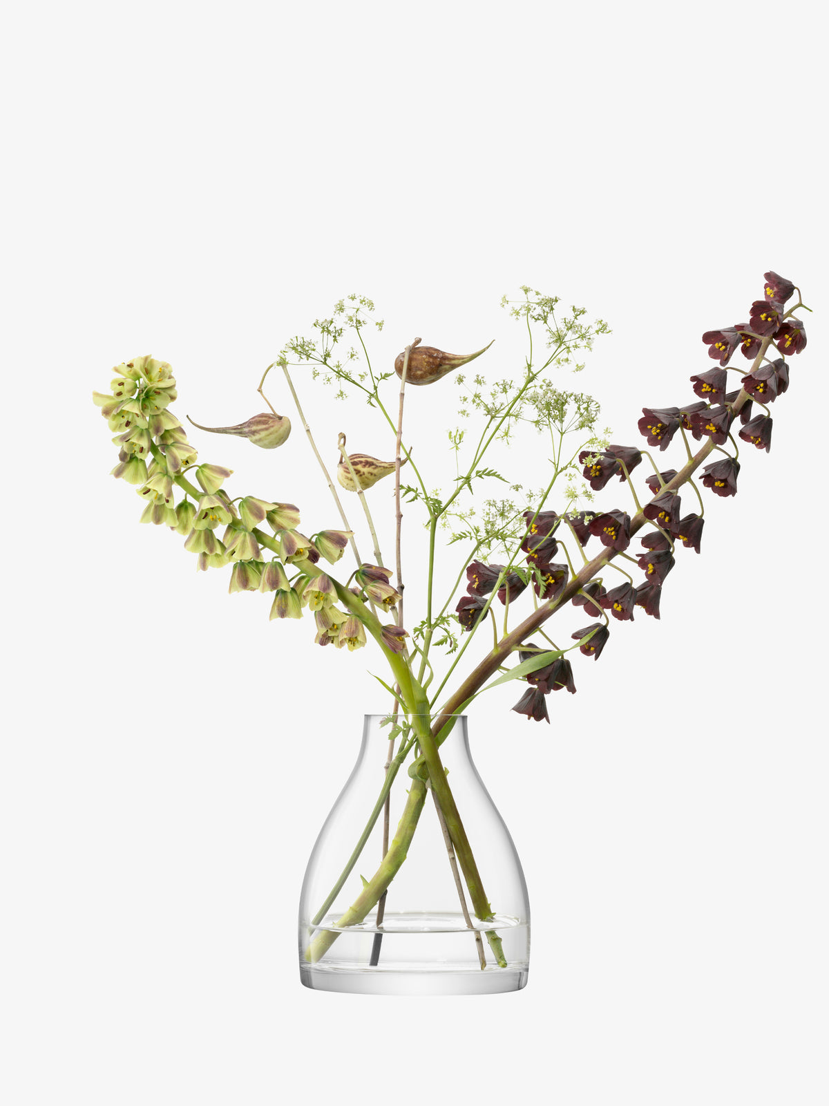 A clear, mouth-blown Kiln Vase by lsa-international holds two tall, curved flower stems—one with pale green bell-shaped blooms and the other with dark purple flowers—arranged alongside delicate white filler flowers against a white background.