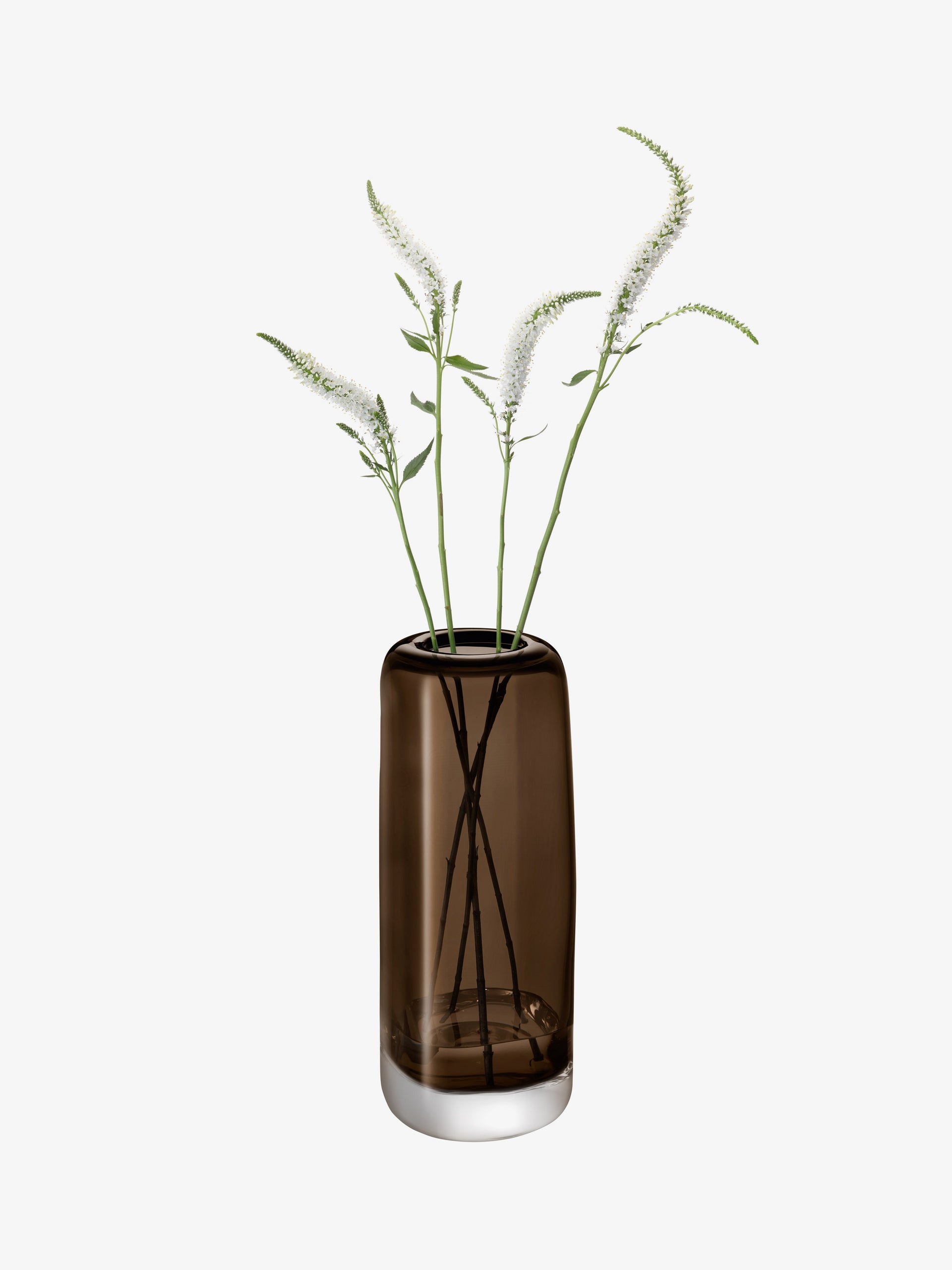A tall, cylindrical brown mouth-blown glass Vase by lsa-international, featuring a clear base, holds three slender green stems with small white feathery flowers, all set against a plain white background.