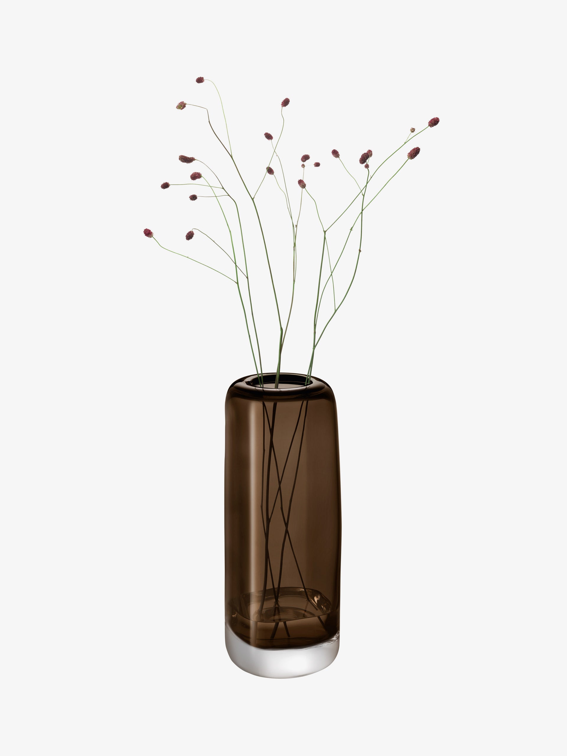 A tall, cylindrical brown mouth-blown glass Vase by lsa-international with a clear base holds several thin green stems topped with small round reddish buds, set against a plain white background.