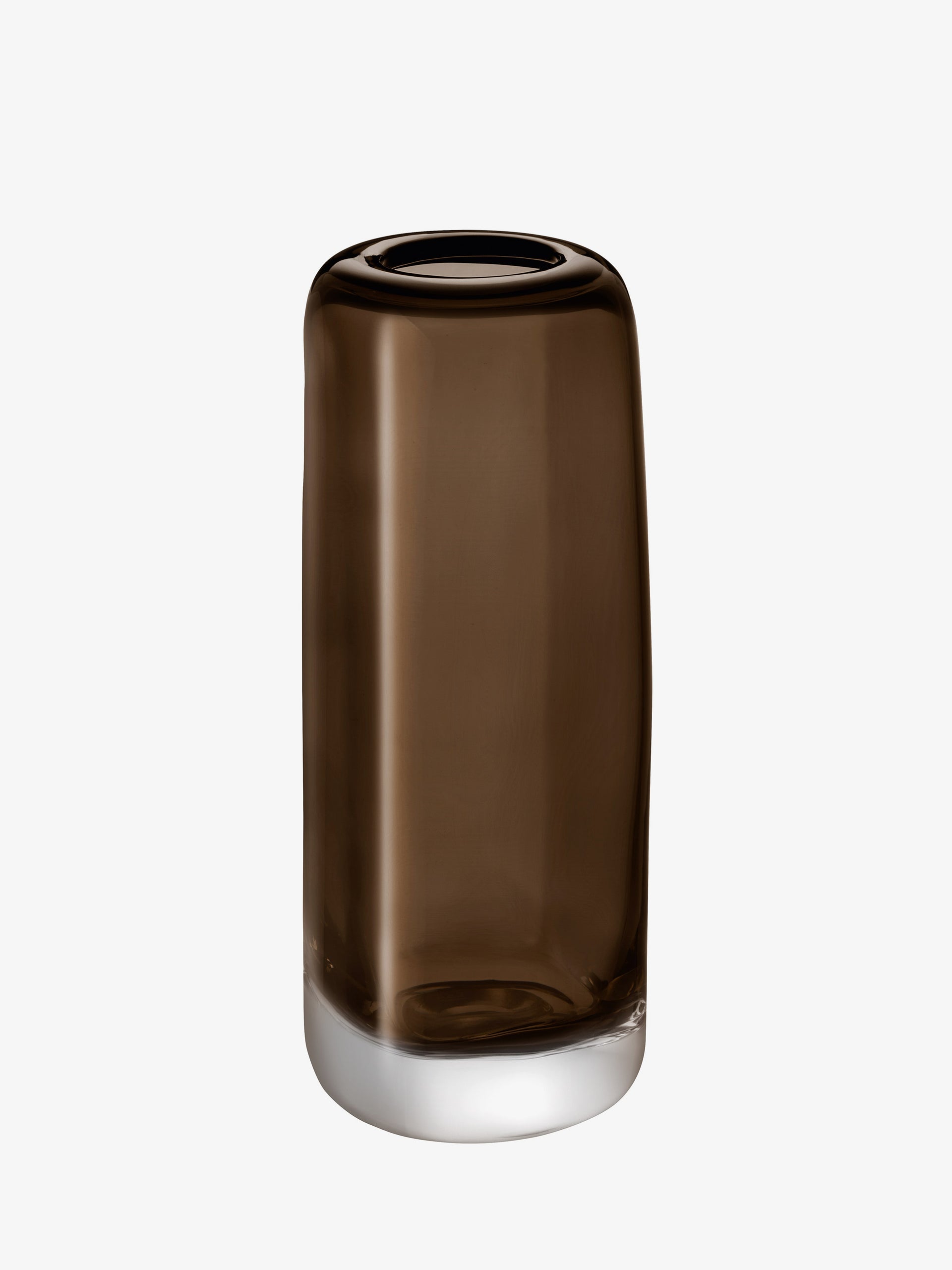 The lsa-international Vase is a tall, cylindrical brown mouth-blown glass piece featuring smooth curves and a clear, thick base, displayed against a plain white background.