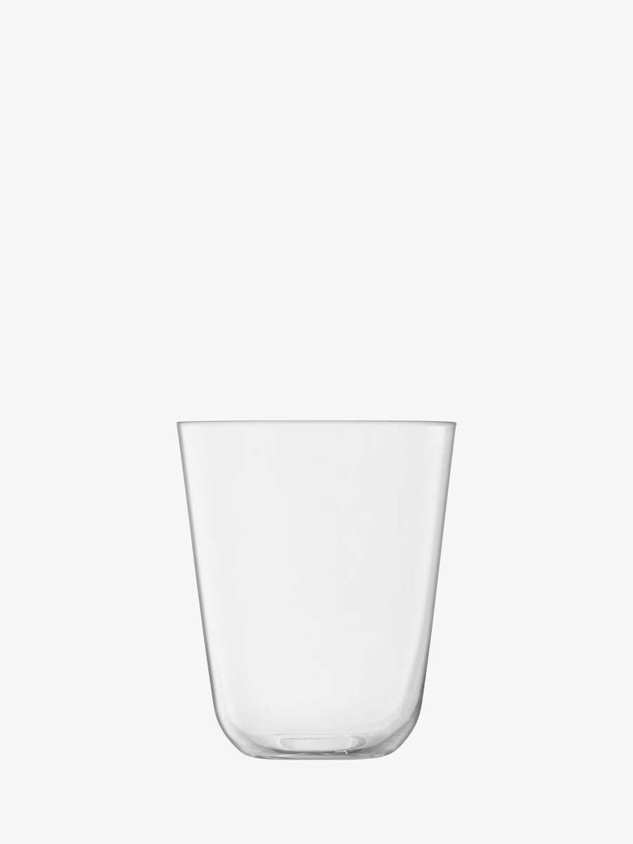 A clear, empty, cylindrical lsa-international Tumbler is centered on a plain white background.