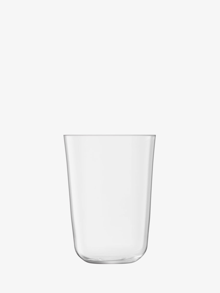 A clear, empty lsa-international Tumbler made from soda-lime glass with smooth sides is centered on a plain white background.