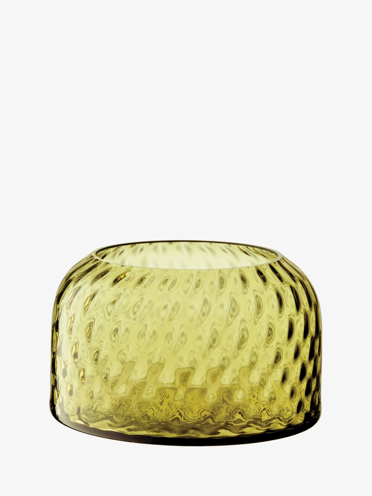 A round, low-profile yellow glass vase by lsa-international, featuring a textured dimpled pattern on the exterior, displayed against a plain white background.