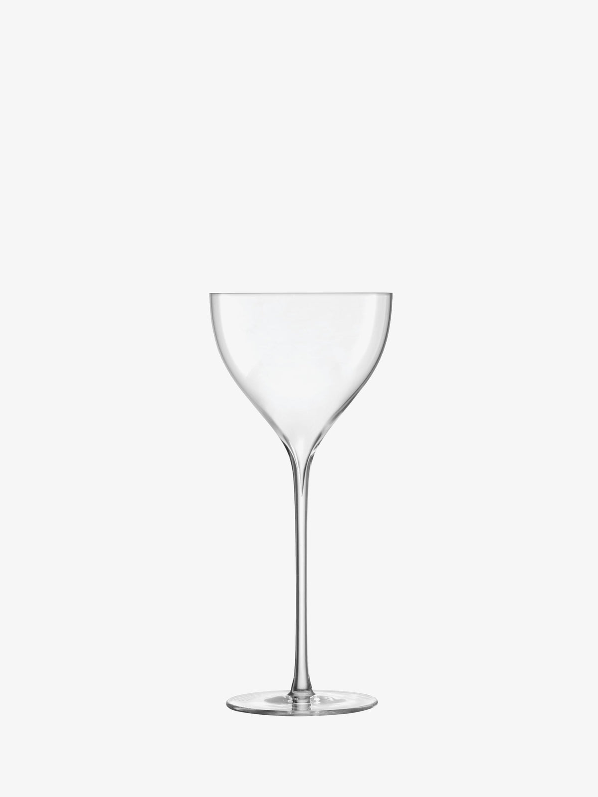 A clear, empty lsa-international Nick & Nora Glass featuring a wide bowl and a long stem, set against a plain white background.