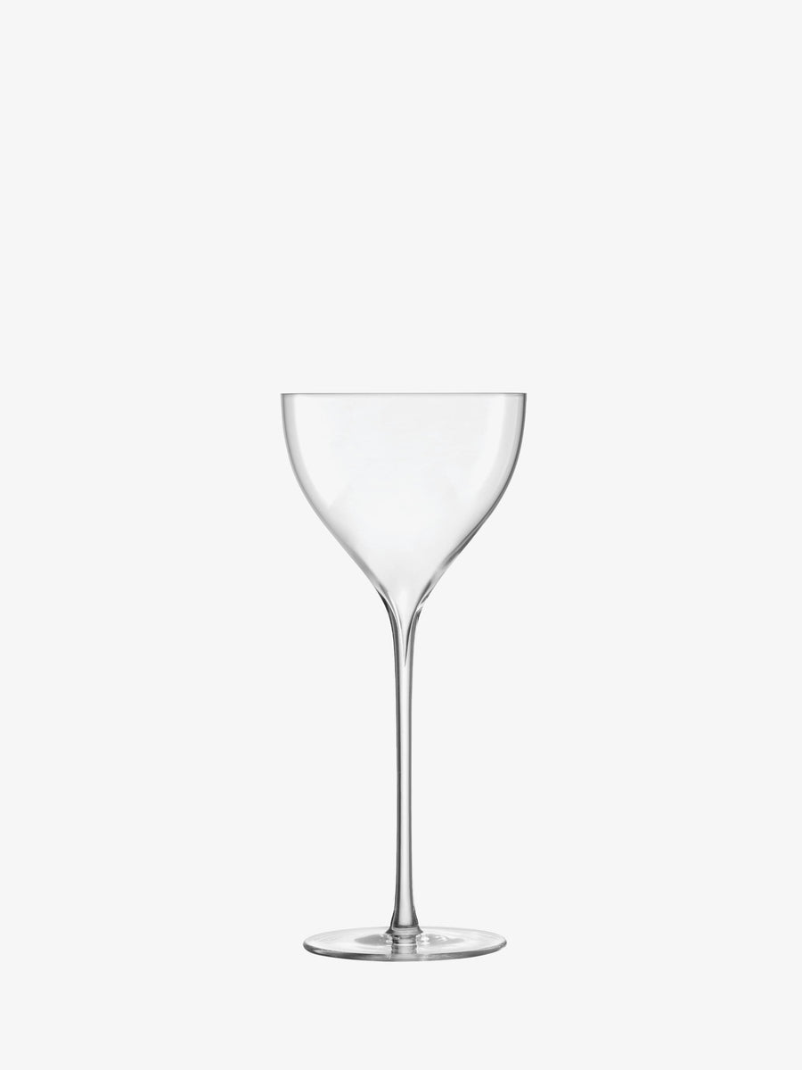 A clear, empty lsa-international Nick & Nora Glass featuring a wide bowl and a long stem, set against a plain white background.