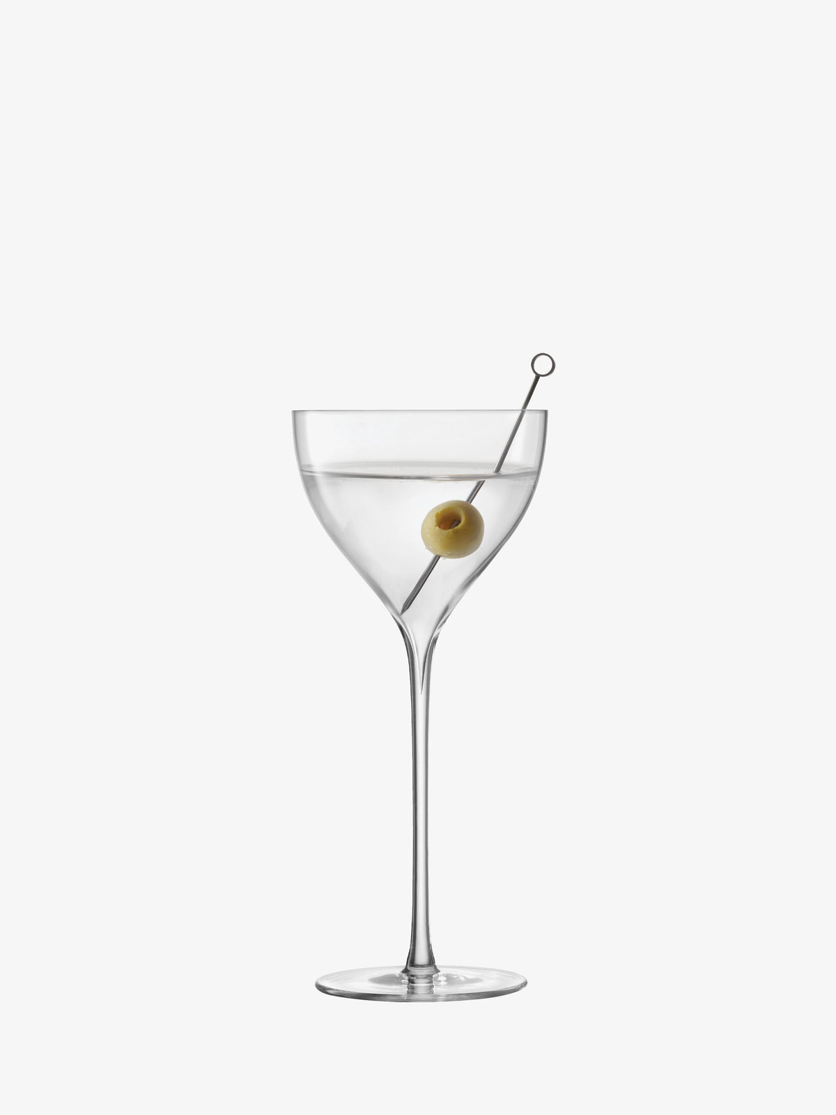 A clear Nick & Nora glass by lsa-international, filled with a transparent drink and garnished with a single green olive on a cocktail pick, is set against a plain white background. This elegant presentation highlights the timeless appeal of lsa-international’s Nick & Nora glasses, perfect for showcasing sophisticated cocktails.