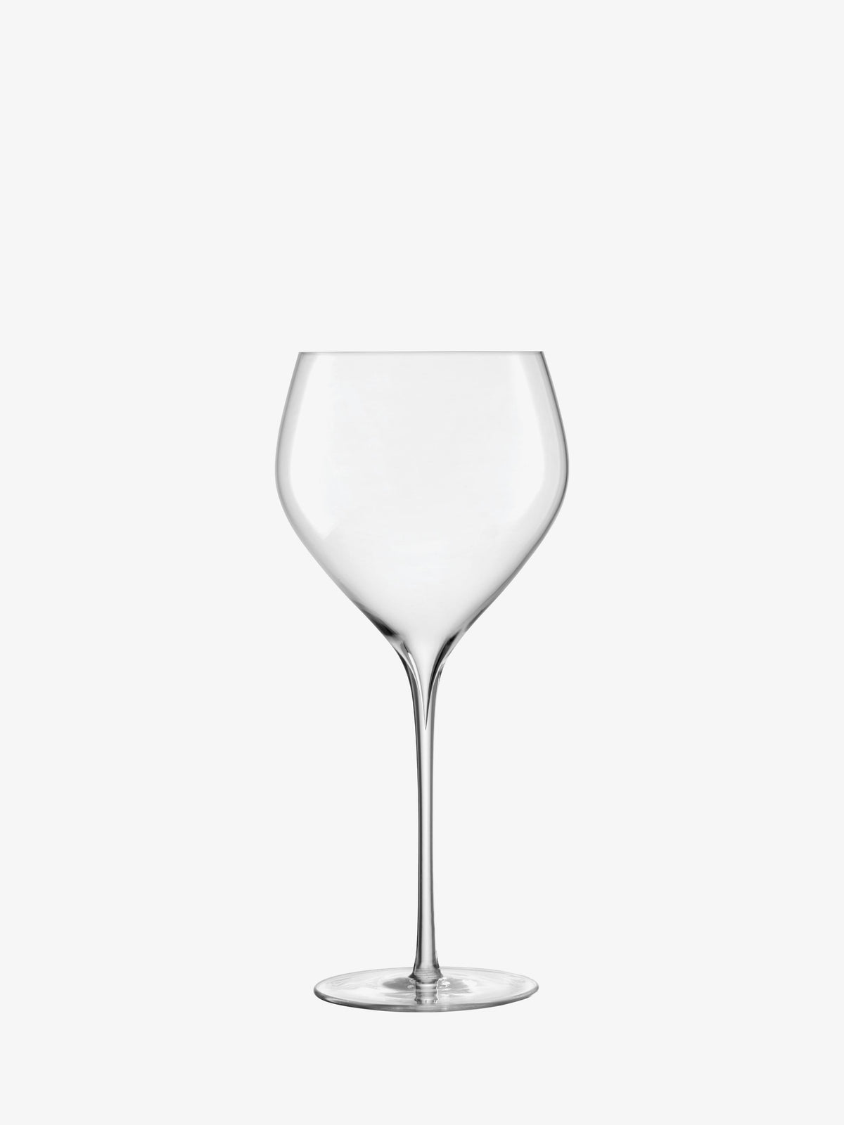 A clear, empty lsa-international Red Wine Glass with a long, hand-drawn stem and a finely curved bowl is set against a plain white background—an exquisite example of mouth-blown glassware.