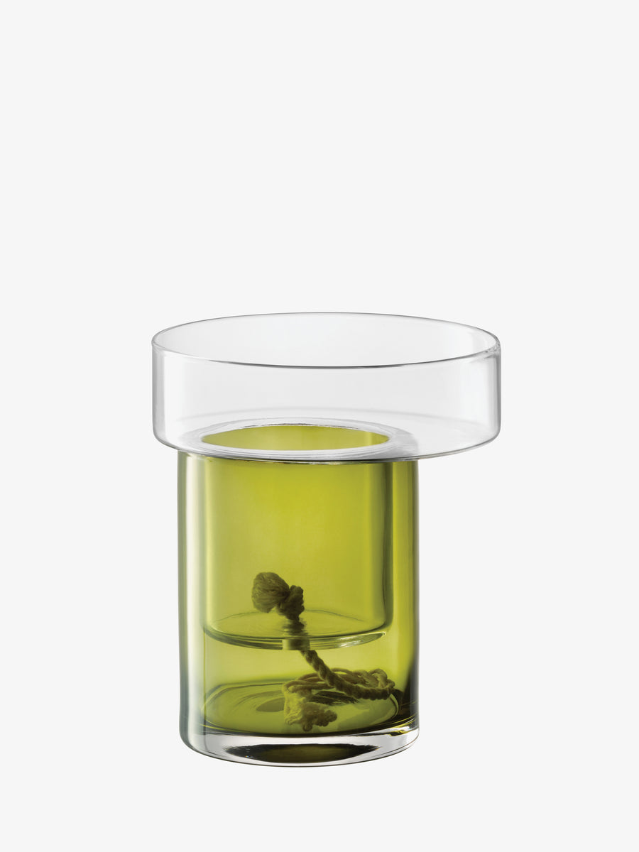 An LSA-international Self Watering Planter featuring a cylindrical olive-green glass body with a clear rim and a centered cord for sub-irrigation.