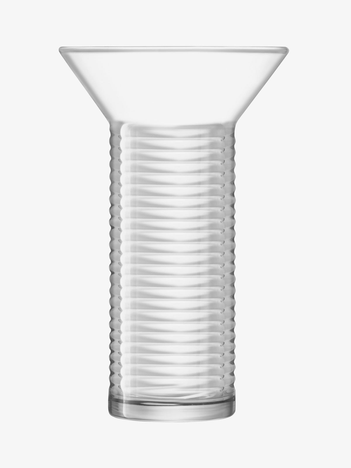 A tall, mouth-blown clear glass Vase by LSA International with a wide, flared rim and a ribbed, cylindrical body.