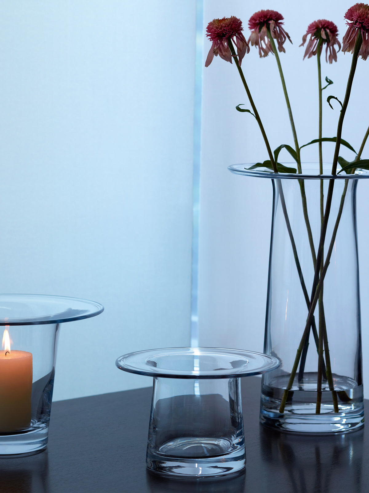 Three clear, mouth-blown LSA-International Vase/Lanterns with wide, flat rims sit on a dark surface; one holds a lit candle, one is empty, and the tallest contains three coneflower stems in a contemporary design.