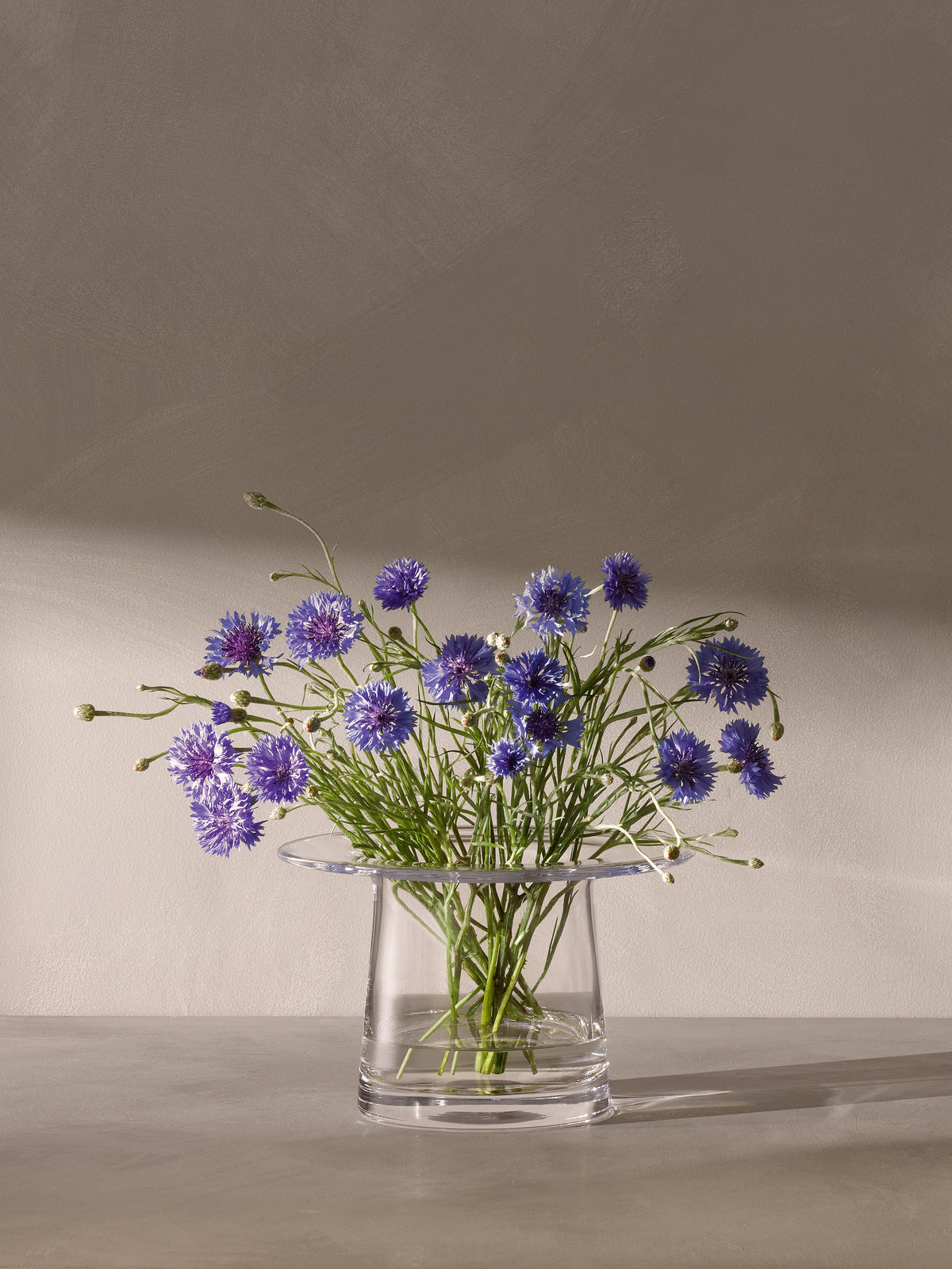 An LSA International Vase/Lantern made of mouth-blown glass holding a bouquet of blue cornflowers.