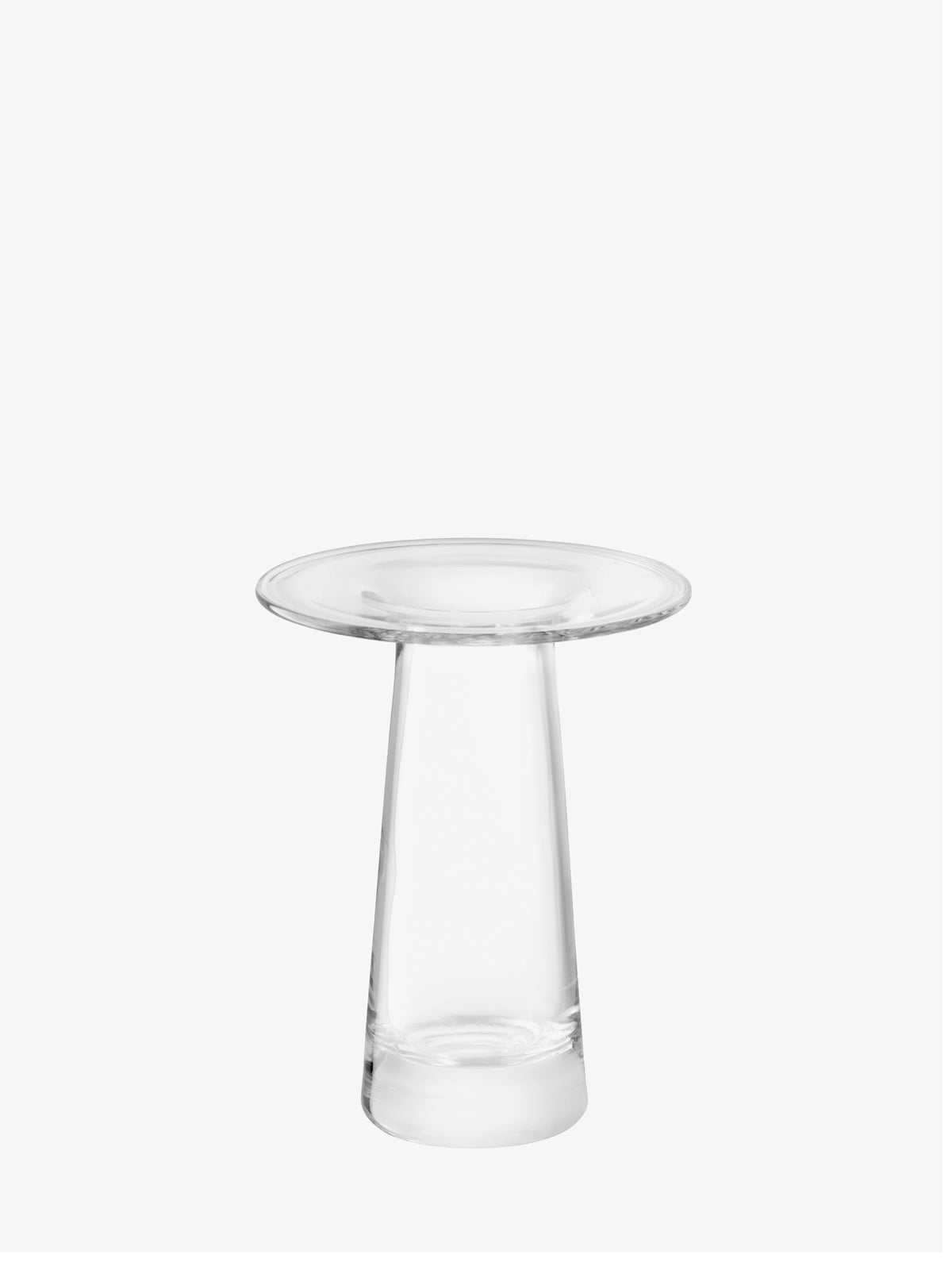 Mouth-blown, clear glass Vase with a wide, flat rim and a tapered Victoria silhouette.