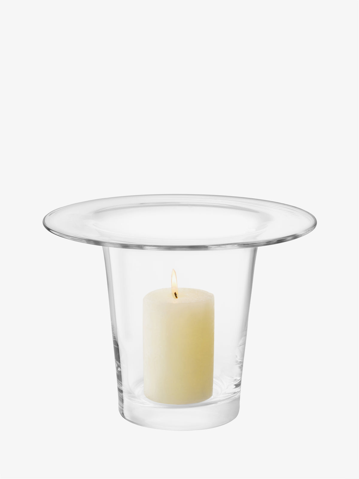 LSA International Vase/Lantern, a wide-rimmed, mouth-blown clear glass vessel containing a lit cream-colored pillar candle, ideal for contemporary table-top arrangements.