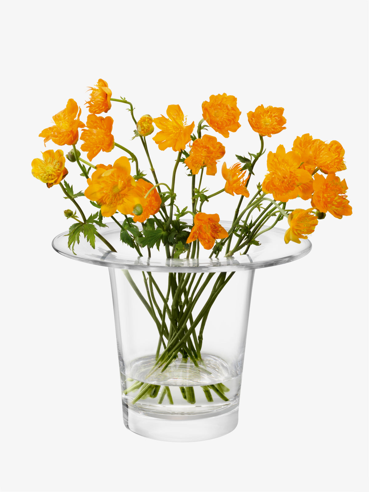 A mouth-blown, clear glass Vase/Lantern with a wide rim containing a bouquet of bright orange globe flowers for a contemporary design.