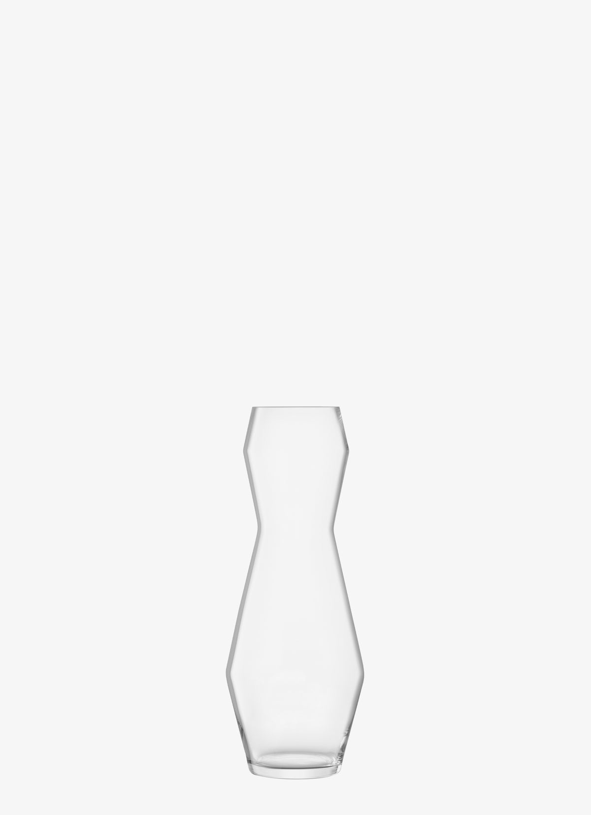 Tall, modern LSA International Vase in clear glass with a pinched, hourglass-inspired silhouette.