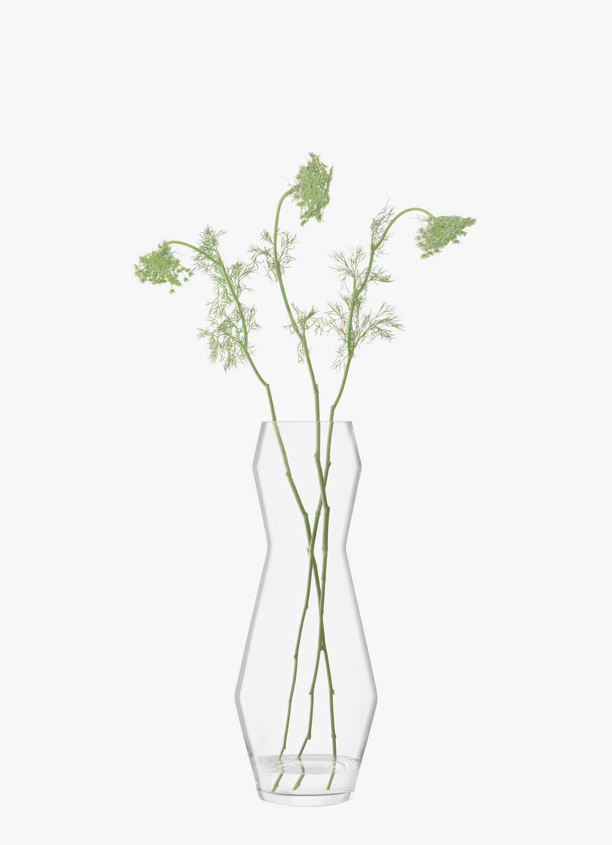 A tall, modern lsa-international mouth-blown glass vase holding three thin stems with light green flowering heads.