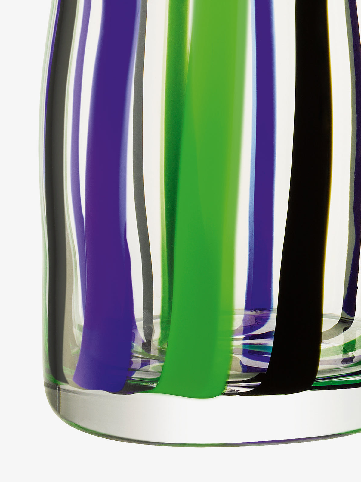 A close-up of the lsa-international Vase, mouth-blown with bold vertical stripes in green, purple, black, and clear—ideal for striking floral centrepieces.