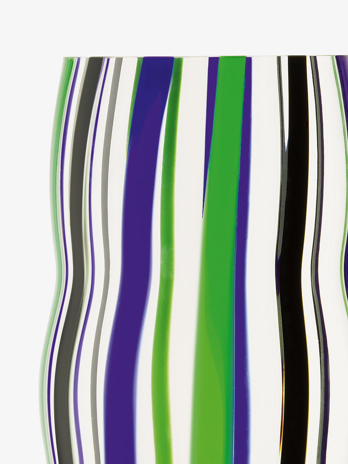 A close-up of the lsa-international Vase, mouth-blown with a wavy form and green, purple, black, gray, and white stripes—ideal for striking floral centrepieces on a plain white background.