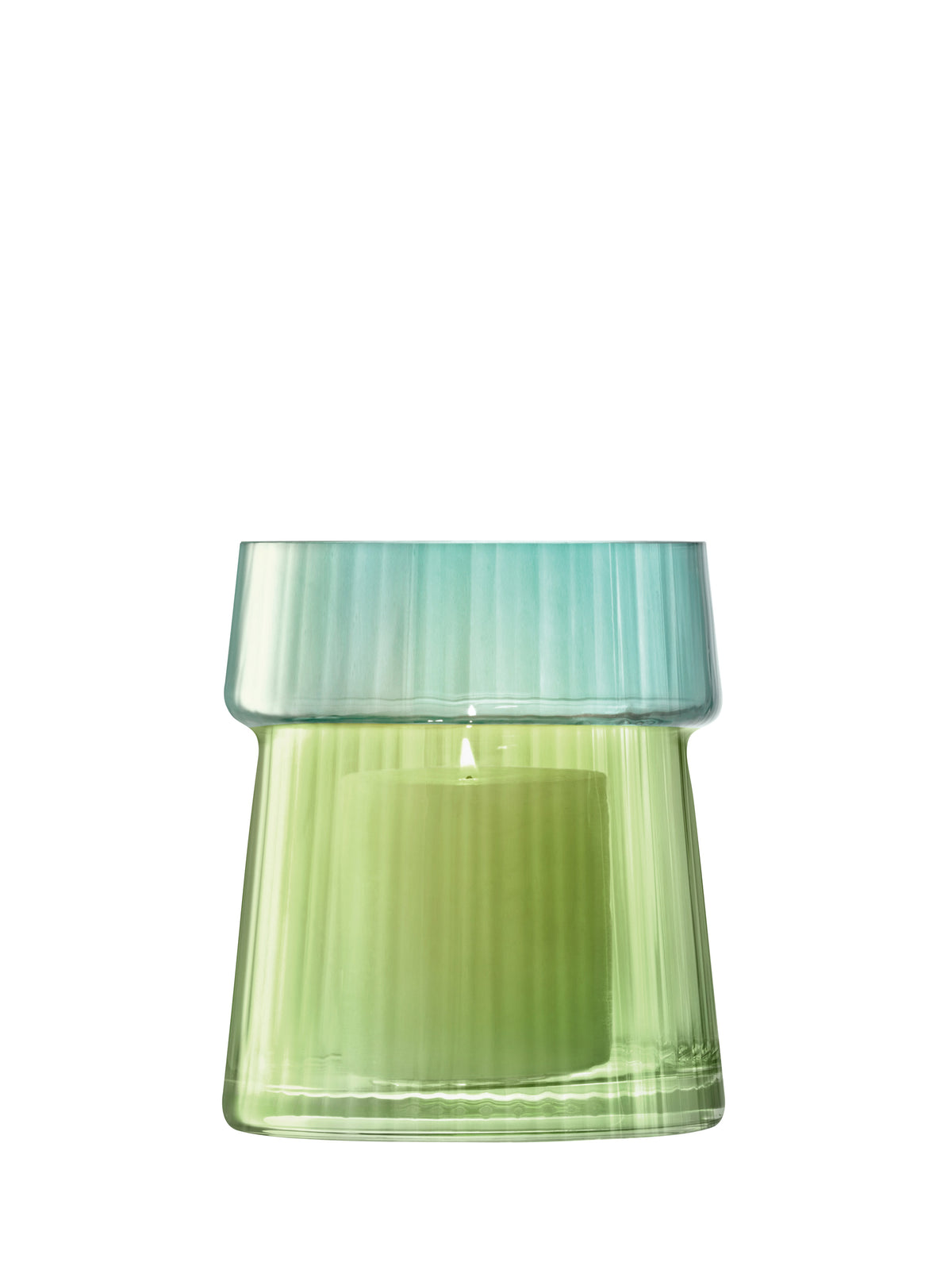 A striking dual-tone Vase/Lantern by lsa-international, featuring a ribbed, translucent glass design with a pleated texture and wide rim. The piece showcases a subtle gradient from green at the base to blue at the top, creating an elegant and eye-catching effect.