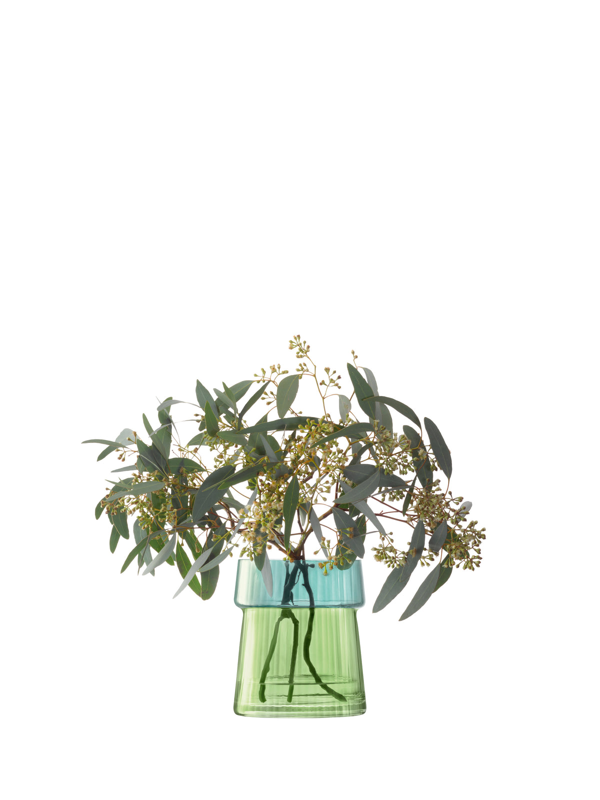 A green Vase/Lantern by lsa-international, crafted from mouth-blown glass with a blue rim and subtle pleated texture, holds sprigs of eucalyptus with green leaves and small yellowish buds, set against a white background.