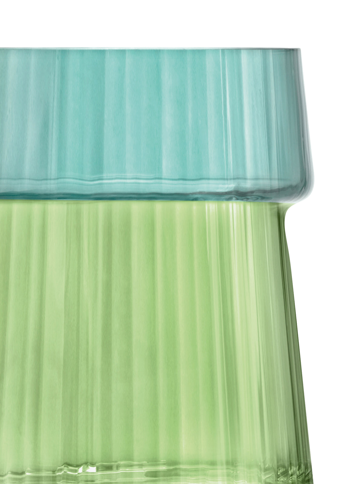 A close-up of stacked Vase/Lanterns by lsa-international, crafted from transparent glass in pastel blue and green. Their pleated texture and smooth, ribbed surfaces evoke the look of mouth-blown glass vases, creating a delicate dual-tone effect with gentle reflections against a white background.