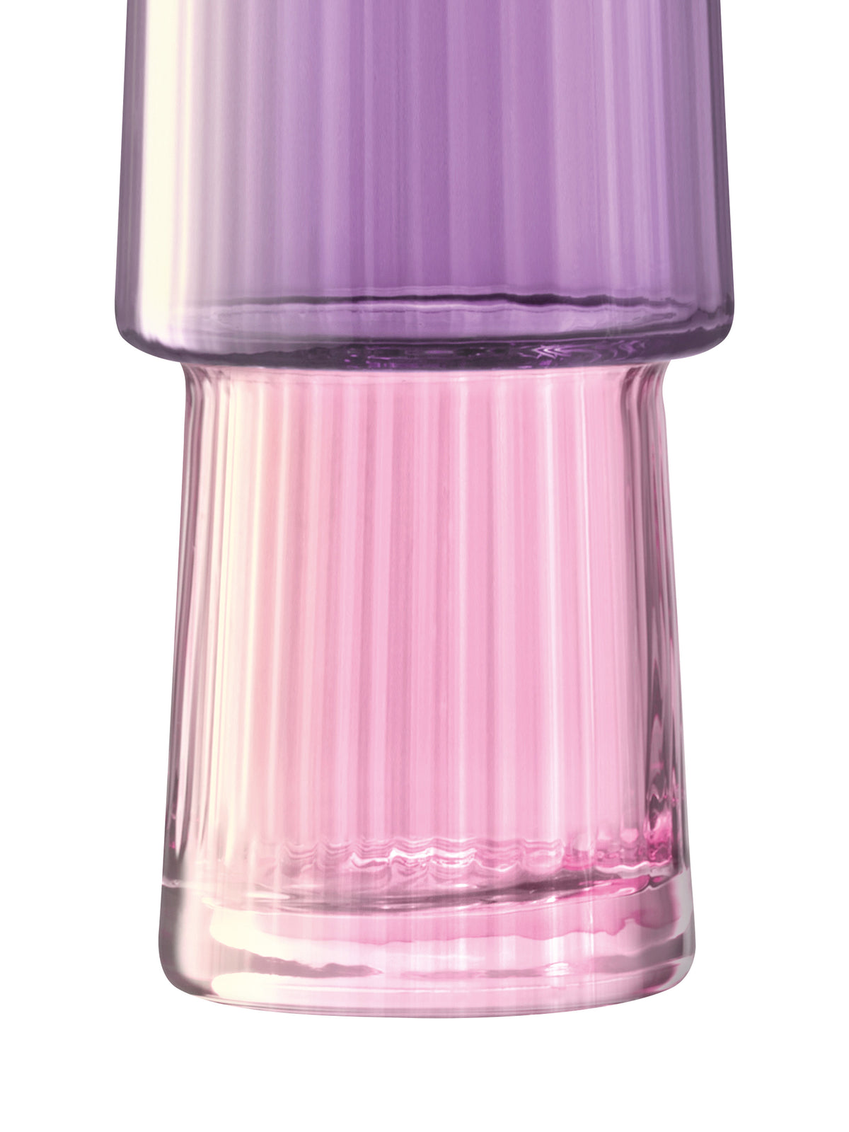 A close-up of the lsa-international Vase, crafted from mouth-blown glass with a ribbed texture, showcasing a gradient of purple and pink hues with an iridescent finish, set against a white background.