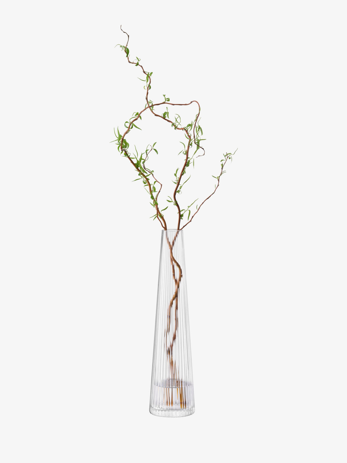 Tall, mouth-blown LSA-International Candleholder/Vase with a fluted design containing a single twisted willow branch with small green leaves.