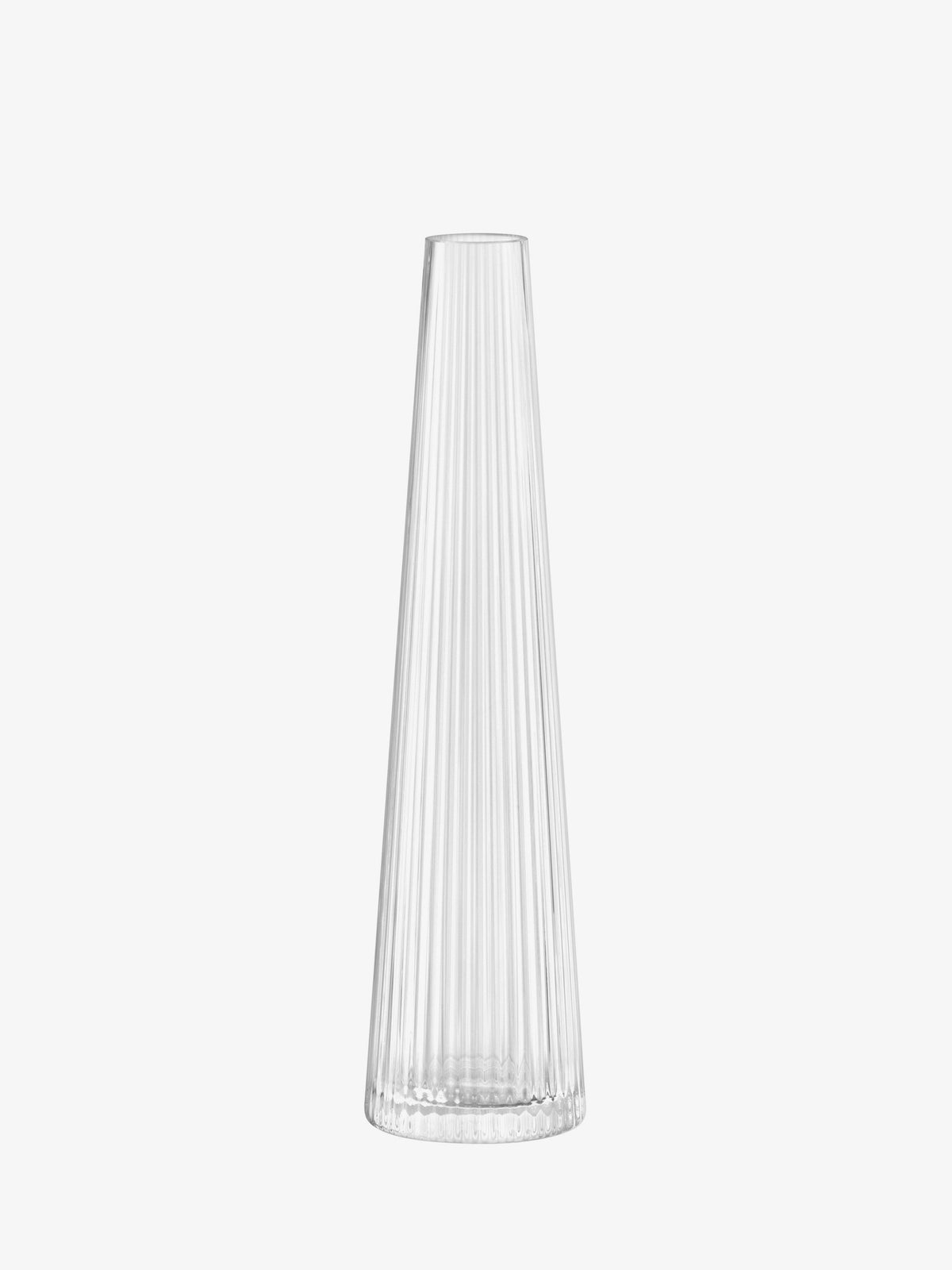 Tall, clear, mouth-blown LSA-International Candleholder/Vase with a tapered silhouette and a vertical, pleated texture.
