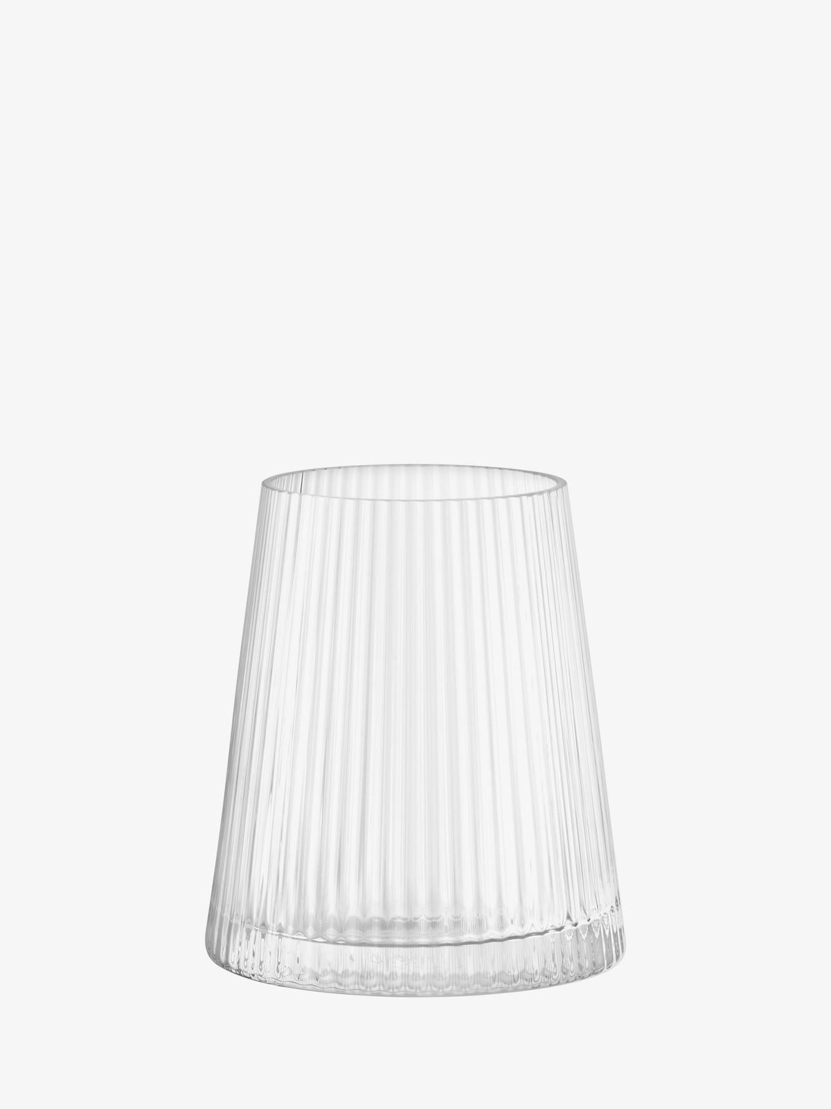 Clear glass Lantern/Vase with a flared, pleated silhouette and ribbed texture.