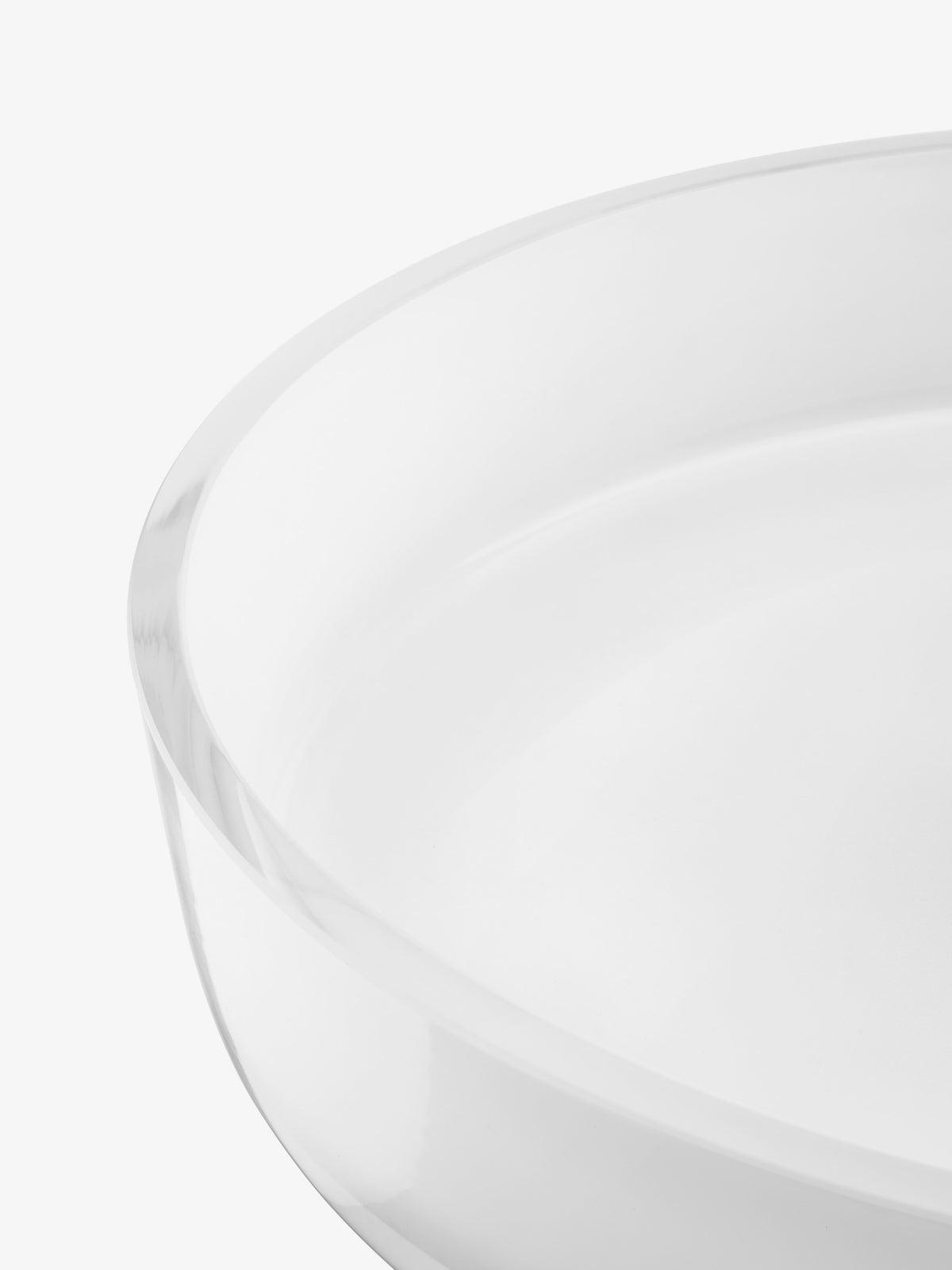 Close-up of a Low Glass Bowl, a wide, shallow, contemporary glass bowl.