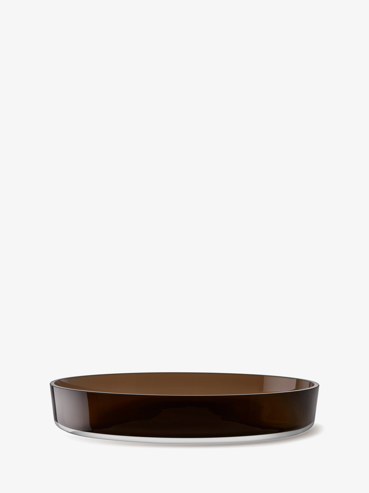 A shallow, wide-rimmed Low Glass Bowl by LSA International, made of translucent brown glass.