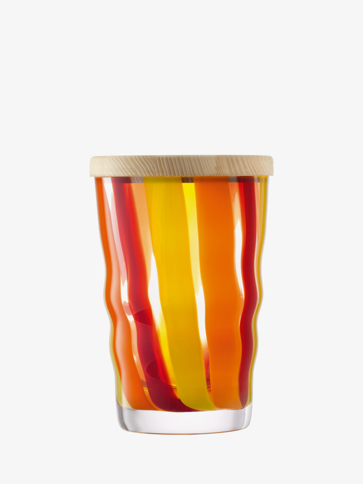 The lsa-international Container & Ash Lid is a mouth-blown glass cup with wavy red, orange, and yellow stripes and a flat light wooden lid, shown on a plain white background.
