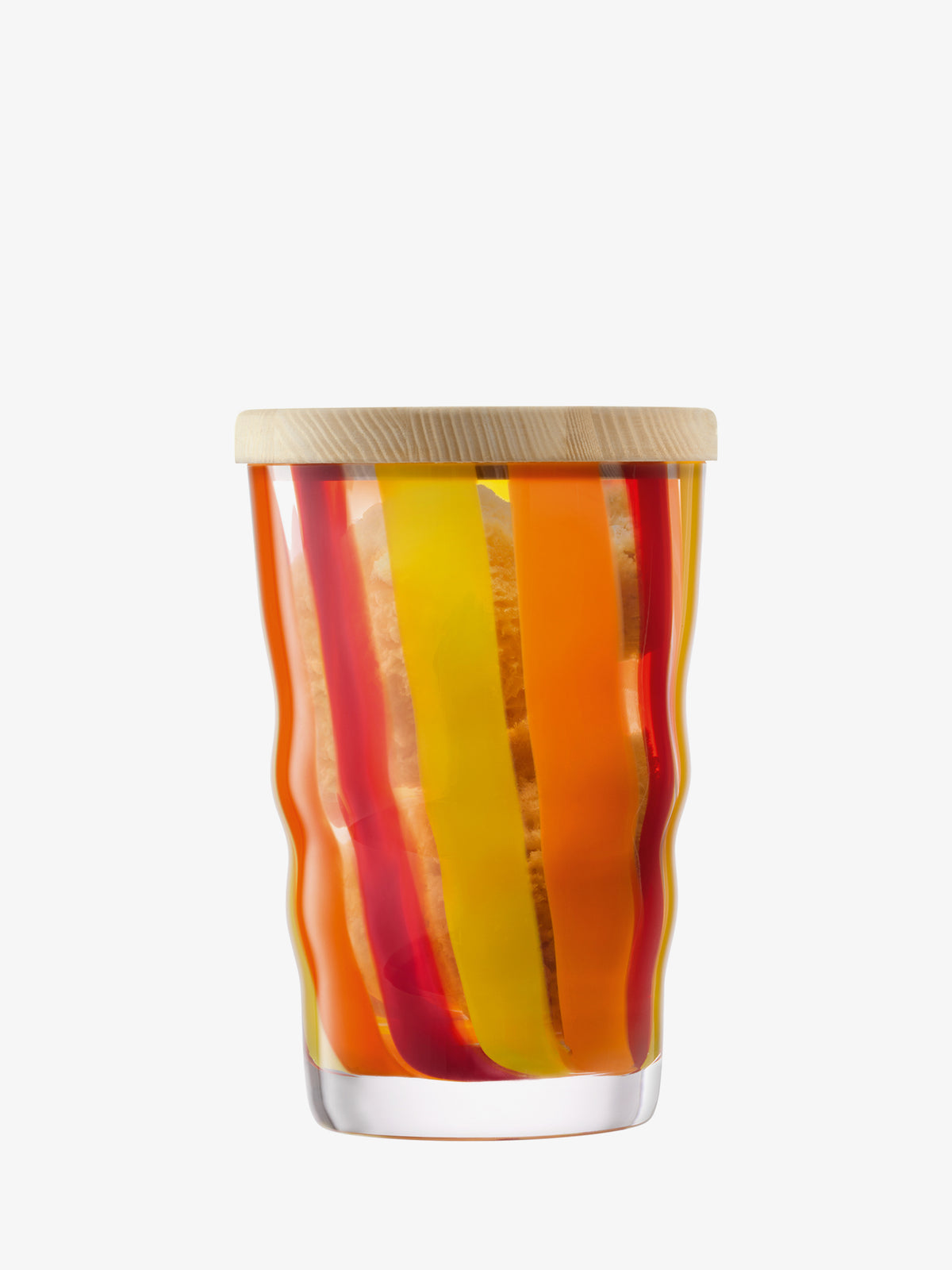 The lsa-international Container & Ash Lid is a mouth-blown glass jar with wavy sides and bold orange, red, and yellow stripes, finished with a wooden lid for stylish storage against a white background.
