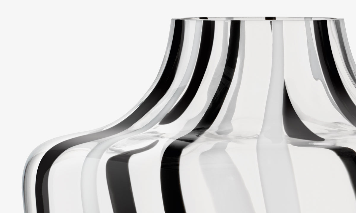 LSA International vase in clear glass featuring bold, vertical black stripes in a modern, mouth-blown design.