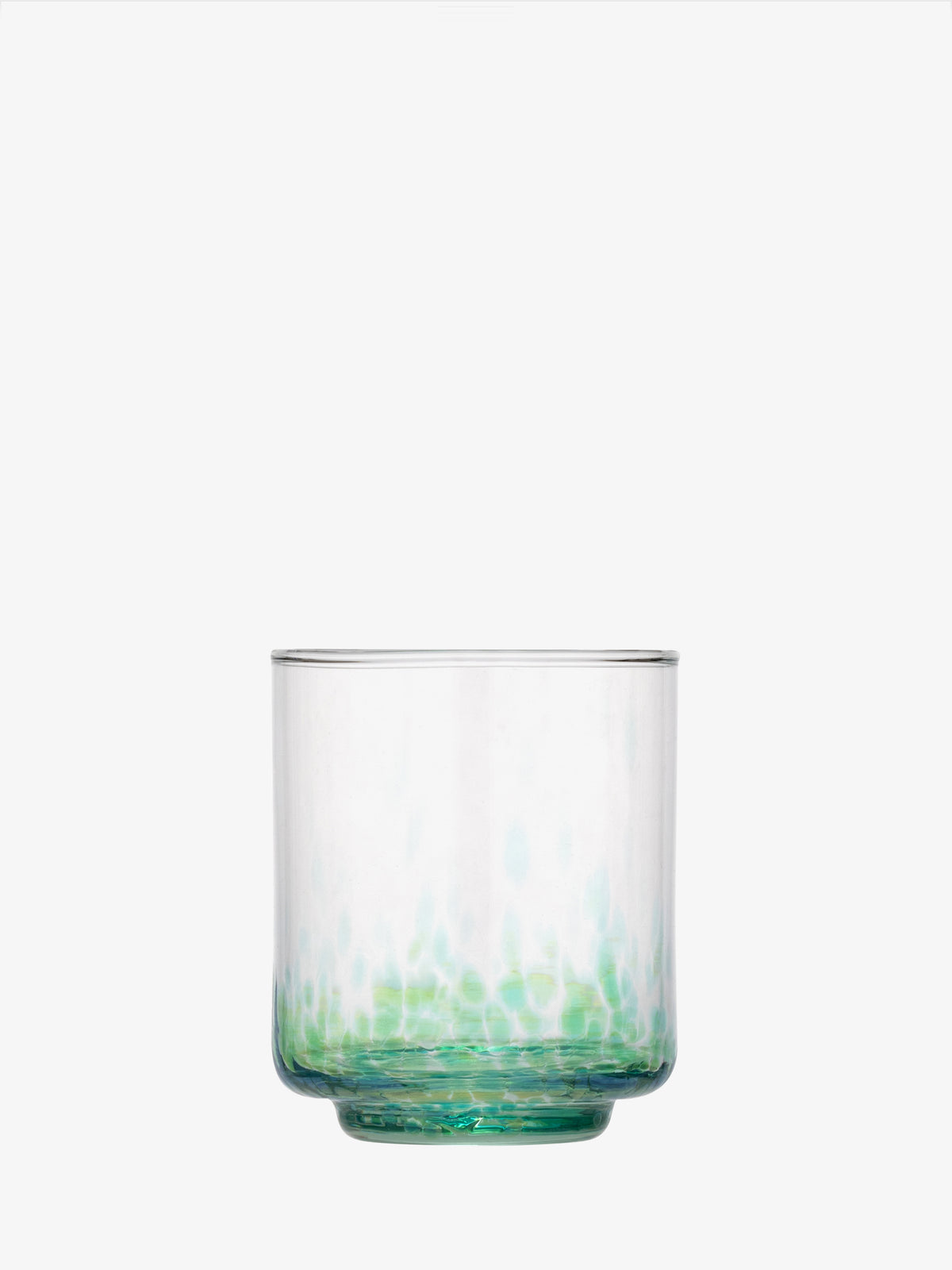 The lsa-international Tumbler features clear glass with a slightly flared base and a distinctive green speckled pattern at the bottom, reminiscent of sea glass tumblers, displayed against a plain white background.