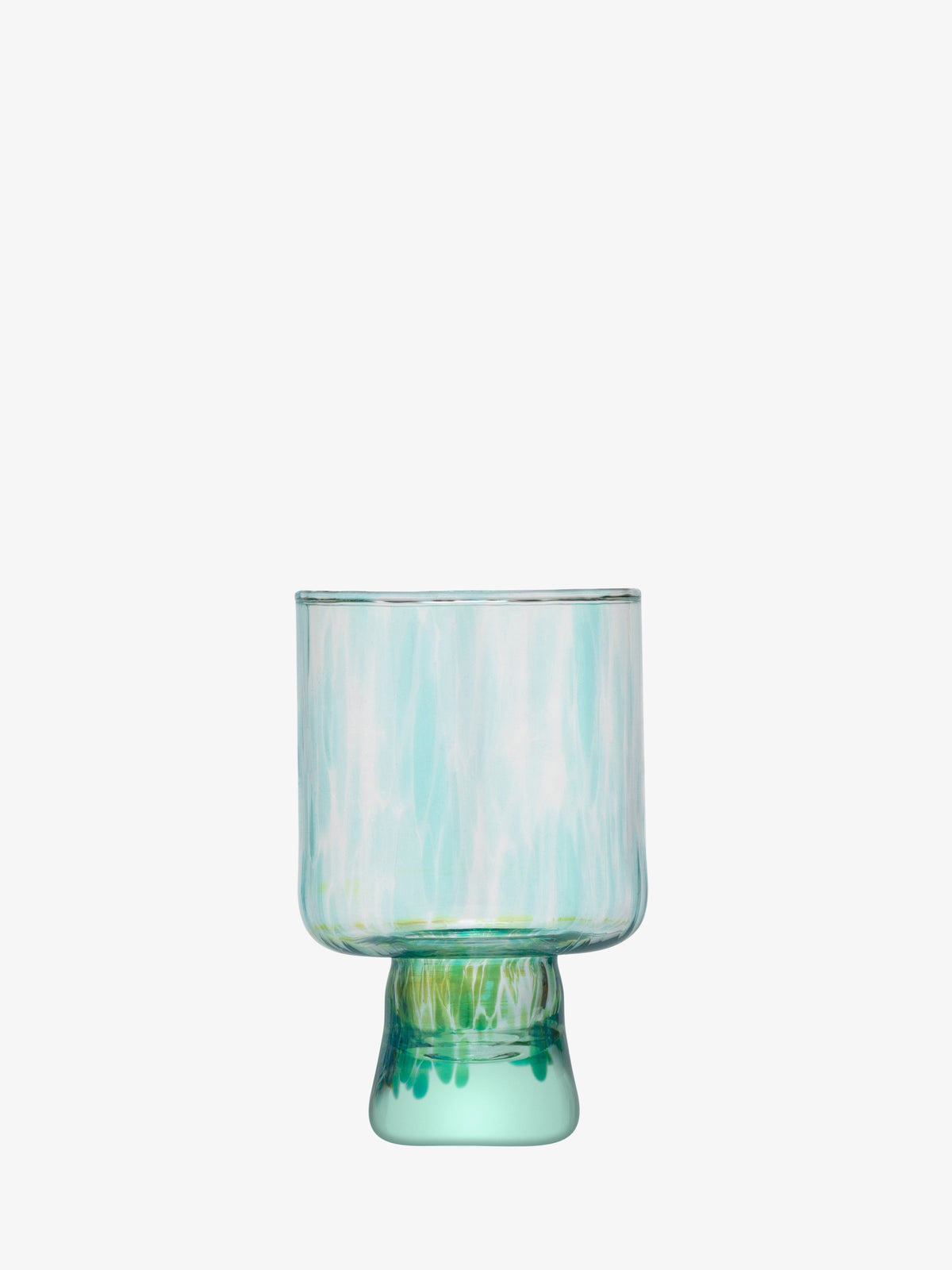 The lsa-international Wine Glass features a short, wide silhouette with a cylindrical bowl and thick, sturdy base. Crafted from recycled glass, it showcases mostly clear glass accented by green and white swirled patterns for an artistic, handcrafted look.